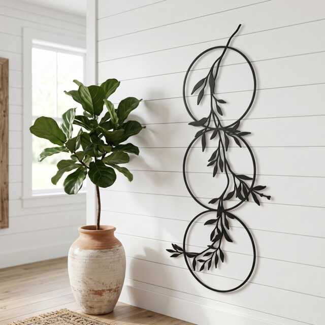 Vertical Metal Wall Art, Botanical Leaf Branch Decor, Boho Circle Sculpture, Living Room Art - image 1