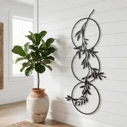 Vertical Metal Wall Art, Botanical Leaf Branch Decor, Boho Circle Sculpture, Living Room Art