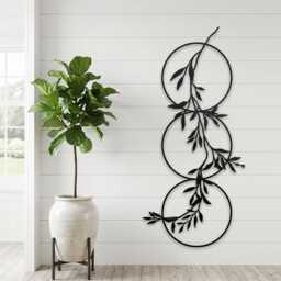 Vertical Metal Wall Art, Botanical Leaf Branch Decor, Boho Circle Sculpture, Living Room Art - thumbnail 2