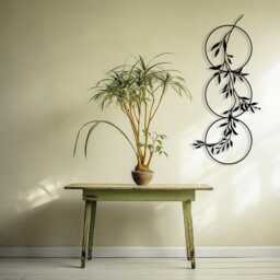 Vertical Metal Wall Art, Botanical Leaf Branch Decor, Boho Circle Sculpture, Living Room Art - thumbnail 3