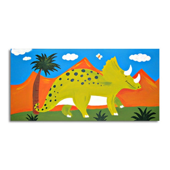 Dinosaur Art, Triceratops, Painting On Canvas, Decor, Kids Original Art