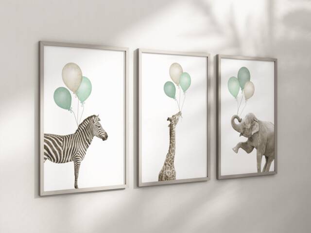 Safari Elephant Giraffe Zebra Animal Baby Girls Boys A4 Or A3 Nursery Set Of Unframed Prints Unisex Neutral Boho Balloon Green Beige Jungle