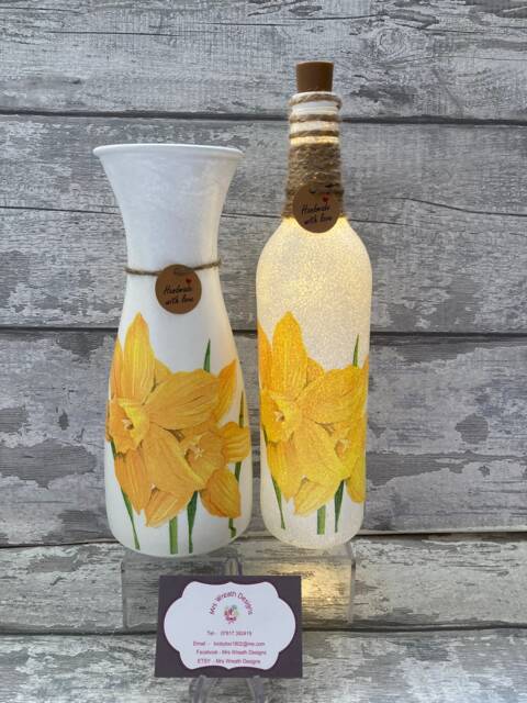 Decoupage Light Up Bottle & Matching Vase - Daffodil Mother's Day Gift - image 1