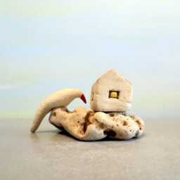 Ceramic Miniature House Sculpture, Bird On Beach Stone, Made in Israel - thumbnail 4