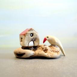 Ceramic Miniature House Sculpture, Bird On Beach Stone, Made in Israel - thumbnail 2