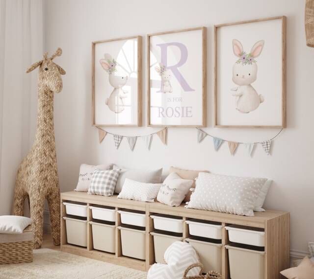 Lilac Nursery Decor, Bunny Print Set Of 3, Baby Girl Personalised Prints, Rabbit Art, Girls Wall Art - image 1