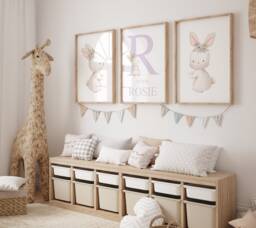 Lilac Nursery Decor, Bunny Print Set Of 3, Baby Girl Personalised Prints, Rabbit Art, Girls Wall Art - thumbnail 1