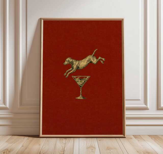 Jumping Dog Poster, Funny Retro Wall Art, Vintage Style & Martini Cocktail Print, Quirky Bar Lounge Animal Decor - image 1