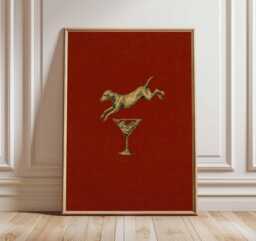 Jumping Dog Poster, Funny Retro Wall Art, Vintage Style & Martini Cocktail Print, Quirky Bar Lounge Animal Decor - thumbnail 1