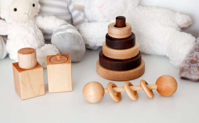 Wooden Baby Toy Bundle, Montessori Rattle Stacker Blocks, Shower Gift - image 1