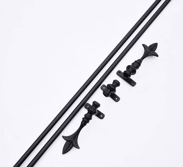 Metal Curtain Pole With Ends - Wrought Iron, Black Powder Coated Fleur De Lys End Design