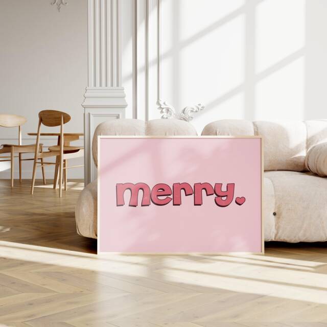 Pink Merry Christmas Art Print, Retro Wall Decor, Pastel Decor Xmas Poster 1696 - image 1