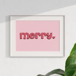 Pink Merry Christmas Art Print, Retro Wall Decor, Pastel Decor Xmas Poster 1696 - thumbnail 2