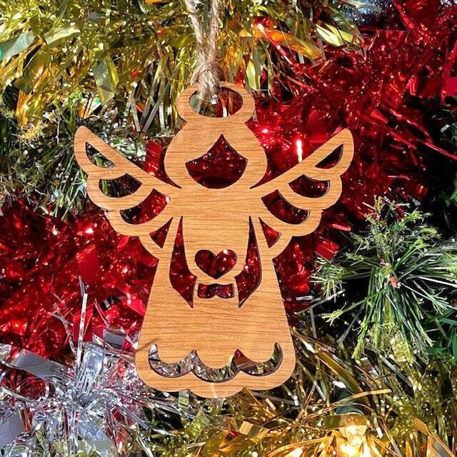 Angel Christmas Tree Decoration - Beautiful Ornament Available in Oak, Walnut Cherry Wood -Or- Silver, Gold, Red, Green Glitter - image 1