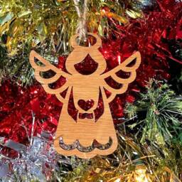 Angel Christmas Tree Decoration - Beautiful Ornament Available in Oak, Walnut Cherry Wood -Or- Silver, Gold, Red, Green Glitter