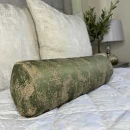 Elegant Olive Green Gold Bolster Cushion - Designer Fabric Curico Ashley Wilde Home Decor