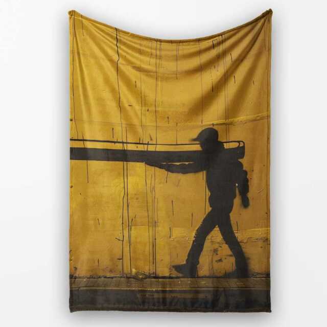 Yellow Giant Pencil Walking Figure Urban Artwork, All Season Comfort, Decorative Wall Art Style - Super Soft Fleece Blanket Bed Sofa Throw - image 1