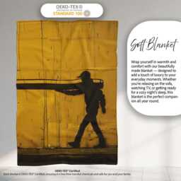 Yellow Giant Pencil Walking Figure Urban Artwork, All Season Comfort, Decorative Wall Art Style - Super Soft Fleece Blanket Bed Sofa Throw - thumbnail 3