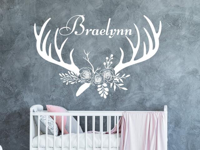 Deer Antlers Name Wall Decal - Vinyl Stickers Girls Room Decor Hunting Themed Woodland Nursery Girl Flowers Sm232 - image 1