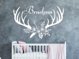 Deer Antlers Name Wall Decal - Vinyl Stickers Girls Room Decor Hunting Themed Woodland Nursery Girl Flowers Sm232 - thumbnail 1