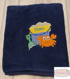 Embroidered Children's Beach Towel, Custom Name, Crab & Bucket Applique