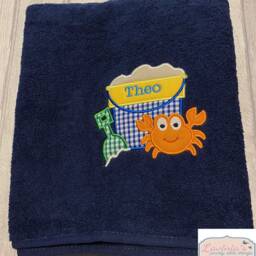 Embroidered Children's Beach Towel, Custom Name, Crab & Bucket Applique - thumbnail 4