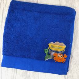 Embroidered Children's Beach Towel, Custom Name, Crab & Bucket Applique - thumbnail 3