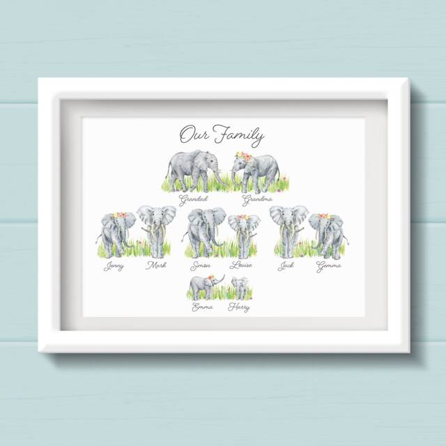 Elephant Family Tree Gift. Personalised Print. Family Art. Housewarming Gift For Elephant Lovers - image 1