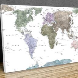 Detailed World Map Water Colour Effect High Resolution Detailed Wall Art, Various Styles, Hangings , Mounted Canvas Print Ready To Hang - thumbnail 2