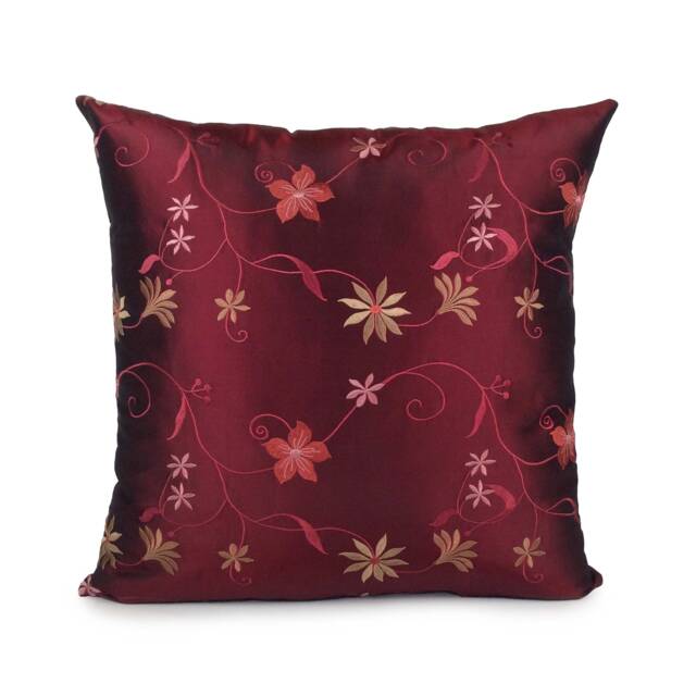 Burgundy Pillow, Throw Pillow Cover, Decorative Cushion Pillowcase, Accent Toss Silk Floral Embroidery - image 1