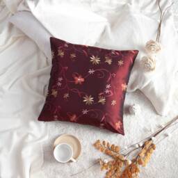 Burgundy Pillow, Throw Pillow Cover, Decorative Cushion Pillowcase, Accent Toss Silk Floral Embroidery - thumbnail 2