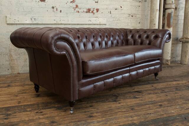 British Handmade Vintage Leather 3 Seater Brown Chesterfield Sofa - image 1
