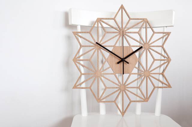 Geometric Design Wood Wall Clock Snowflake - Oversize Silent Oak For Modern & Minimalist Interior, New Home Or Newlyweds Gift - image 1