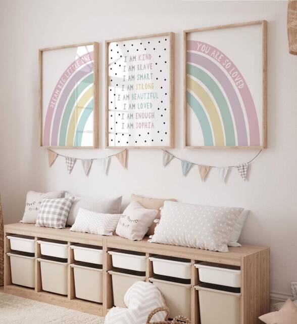 Kids Affirmation Prints, Girls Bedroom Neutral Rainbow Prints - Set Of 3, Playroom Nursery Wall Art, Room - image 1