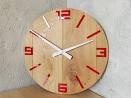 Large Wall Clock Wood With Red Numbers & White Hands -Oak 19.29 in