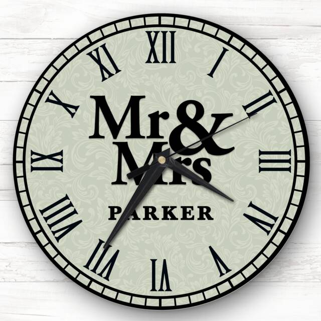 Mr & Mrs Green Floral Background Romantic Couple Gift Personalised Clock - image 1