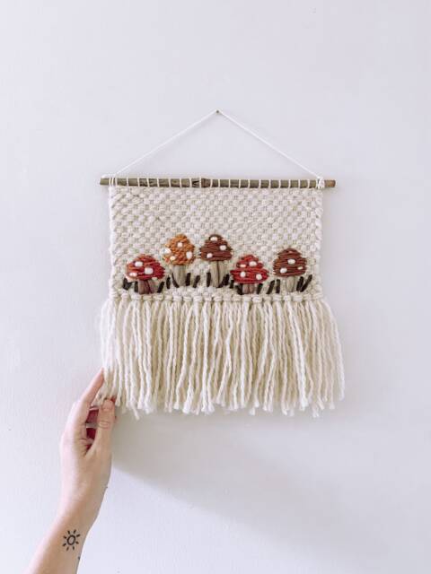 Woven Embroidered Wall Hanging Decor - Hippie Groovy Boho Style Handmade Mushroom Design & Fringe - image 1