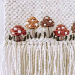 Woven Embroidered Wall Hanging Decor - Hippie Groovy Boho Style Handmade Mushroom Design & Fringe - thumbnail 3