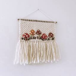 Woven Embroidered Wall Hanging Decor - Hippie Groovy Boho Style Handmade Mushroom Design & Fringe - thumbnail 2
