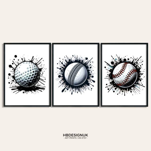 Sport Balls Wall Art - Print - Set Of 3 Graffiti Posters Boys Bedroom Decor Sports Room Artwork Golf, Cricket, Baseball - image 1