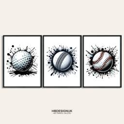 Sport Balls Wall Art - Print - Set Of 3 Graffiti Posters Boys Bedroom Decor Sports Room Artwork Golf, Cricket, Baseball - thumbnail 1