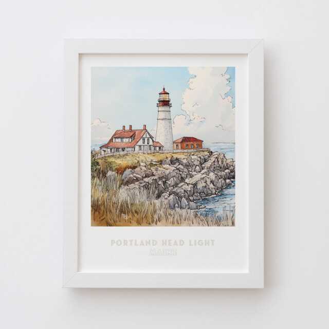 Portland Head Light Wall Art Print - Pen Ink & Watercolor Lighthouse Illustration, Archival Quality Fine Art Print. Maine State Gift - image 1