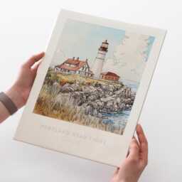 Portland Head Light Wall Art Print - Pen Ink & Watercolor Lighthouse Illustration, Archival Quality Fine Art Print. Maine State Gift - thumbnail 2