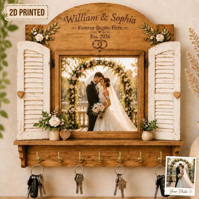 Personalized Wedding Key Holder Wooden Sign, Upload Photo Custom Family Rack, Rustic Farmhouse Wall Decor, Couple Gift, Anniversary Gift - image 1