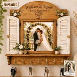 Personalized Wedding Key Holder Wooden Sign, Upload Photo Custom Family Rack, Rustic Farmhouse Wall Decor, Couple Gift, Anniversary Gift - thumbnail 1