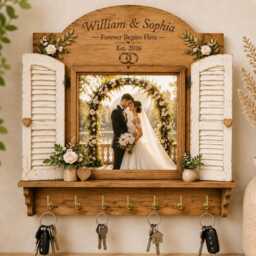 Personalized Wedding Key Holder Wooden Sign, Upload Photo Custom Family Rack, Rustic Farmhouse Wall Decor, Couple Gift, Anniversary Gift - thumbnail 4
