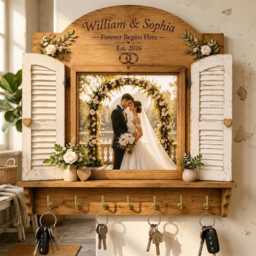 Personalized Wedding Key Holder Wooden Sign, Upload Photo Custom Family Rack, Rustic Farmhouse Wall Decor, Couple Gift, Anniversary Gift - thumbnail 3