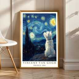 West Highland Terrier Wall Art, Starry Night Poster, Van Gogh Print, Fall Style Gift, Gift For Coworker, 30Th Birthday Gifts Her - thumbnail 2