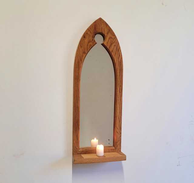 Unusual Gothic Arch Trefoil Keyhole Solid Wooden English Oak Mirror & Shelf 43 cm Long Hand Made - image 1