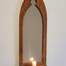 Unusual Gothic Arch Trefoil Keyhole Solid Wooden English Oak Mirror & Shelf 43 cm Long Hand Made - thumbnail 3